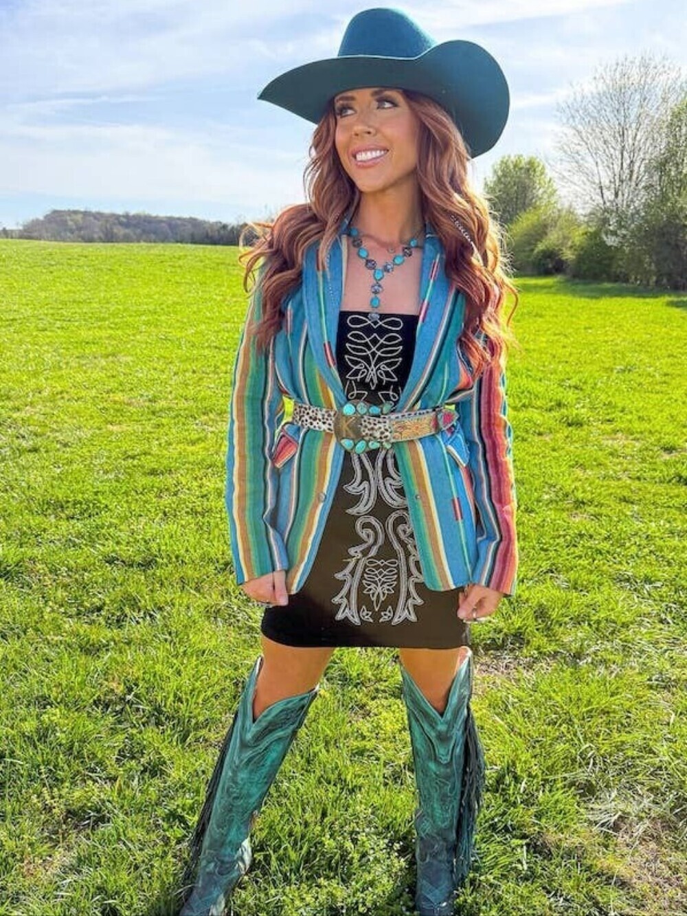 NEW Jacquard Woven Jade Turquoise, Red Serape Button Down Blazer
